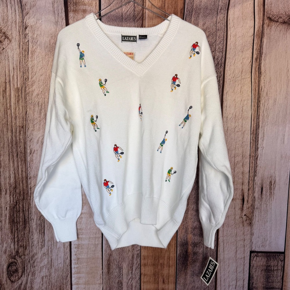 Lazarus Vintage Tennis Sweater Preppy Embroidered Cotton Country‎ Club Large NWT
